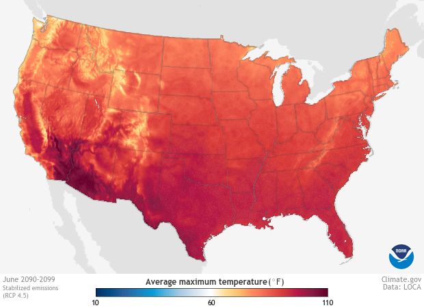 Image of a map of the Projections - Average Maximum Temperature, Stabilized Emissions dataset Projections - Average Maximum Temperature, Stabilized Emissions
