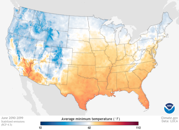 Image of a map of the Projections - Average Minimum Temperature, Stabilized Emissions dataset Projections - Average Minimum Temperature, Stabilized Emissions