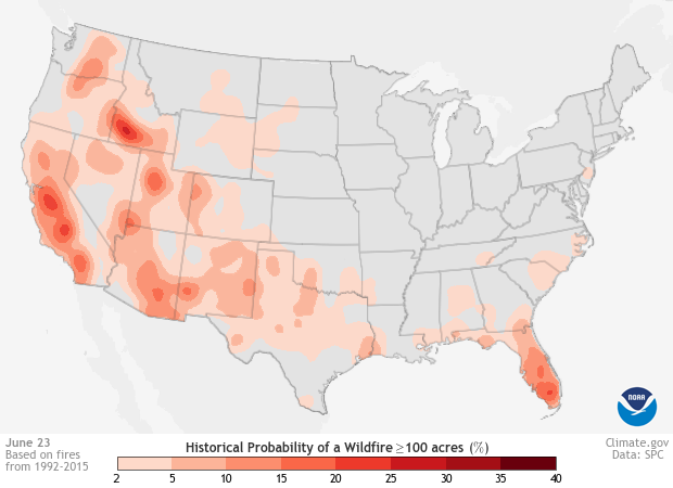 Image of a map of the Historic Probability of Large Wildfire dataset Historic Probability of Large Wildfire