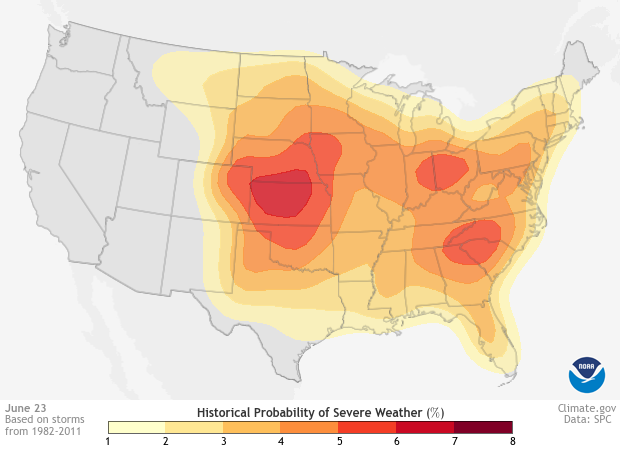Image of a map of the Historic Probability of Severe Weather dataset Historic Probability of Severe Weather