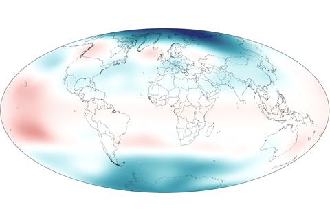 Map of global stratospheric temperature, 2011