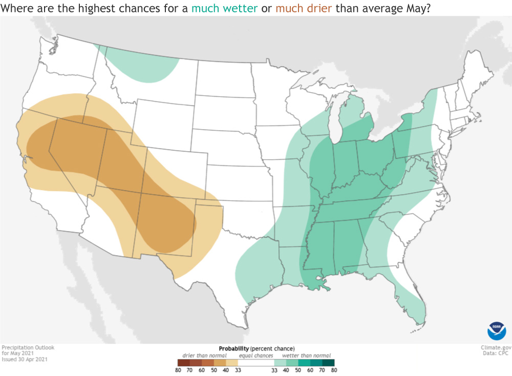US map of precipitation outlook for May 2021