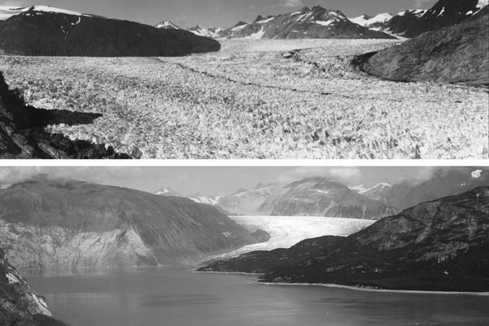 Photo pair showing Alaska's Muir Glacier retreating over time