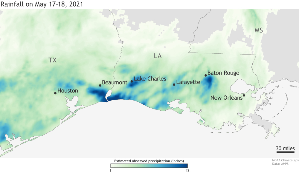 Map of rainfall along the US Gulf Coast in mid-May 2021