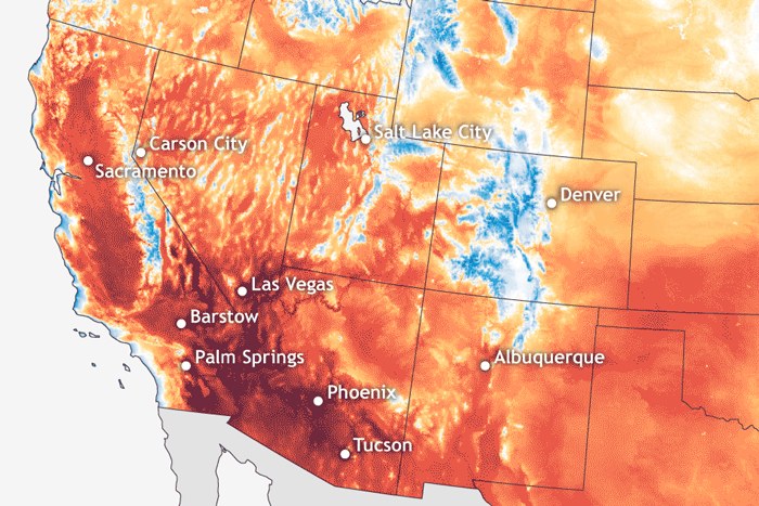 Map of western US showing daytime high temperatures during June heat wave