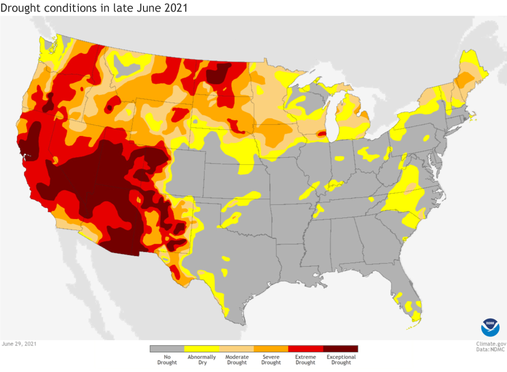 US map of drought conditions as of June 29, 2021