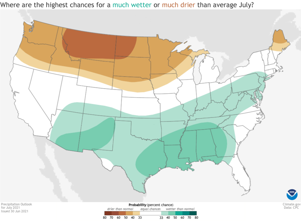 large map of US precipitation outlook for July 2021