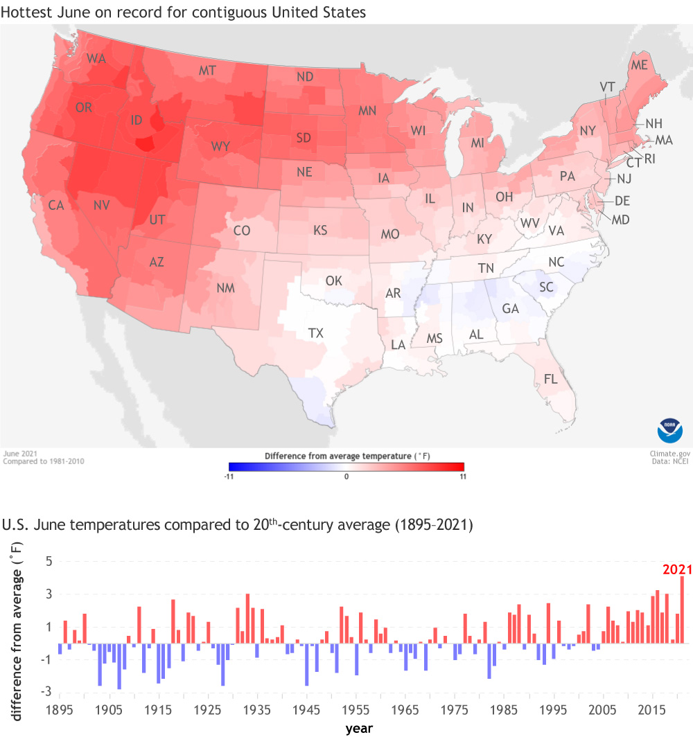 Map of June temperatures across Lower 48 plus bar graph of June temperature anomalies over time