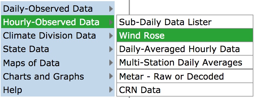 Drop-down selection of Hourly-Observations Data and Wind Rose