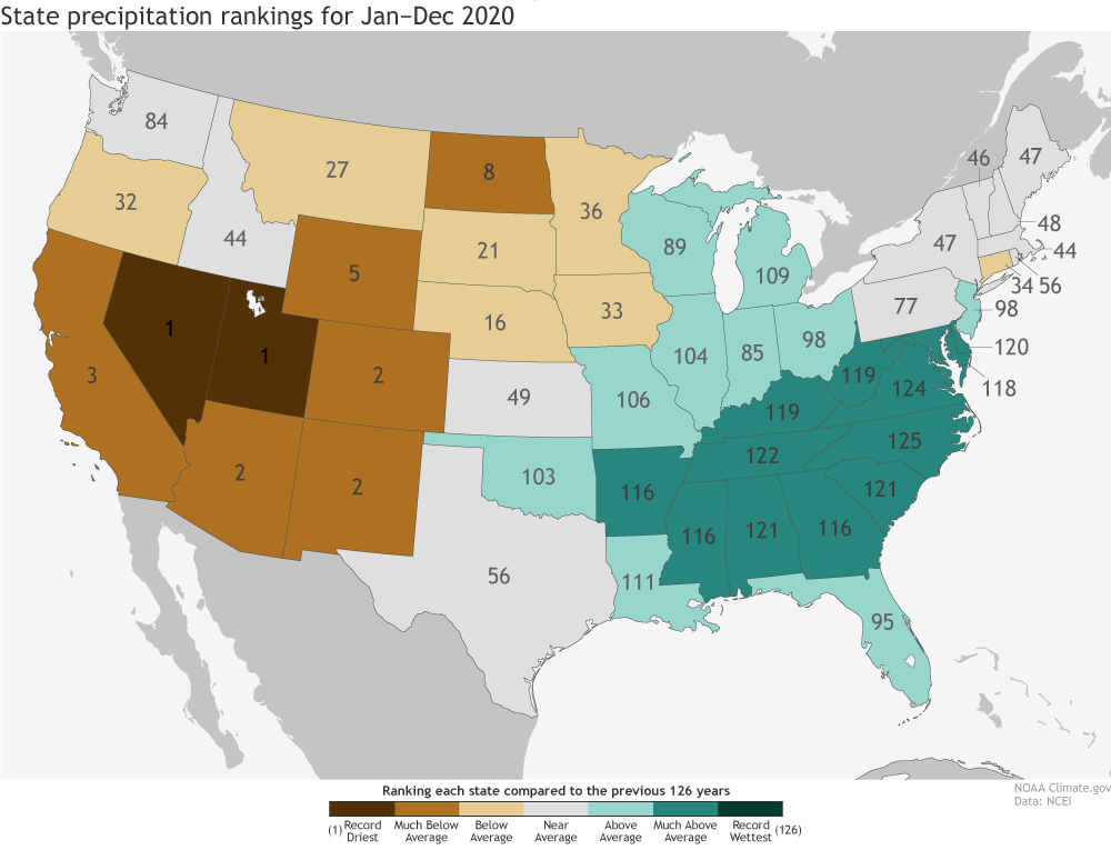 U.S. map of statewide precipitation rankings in 2020