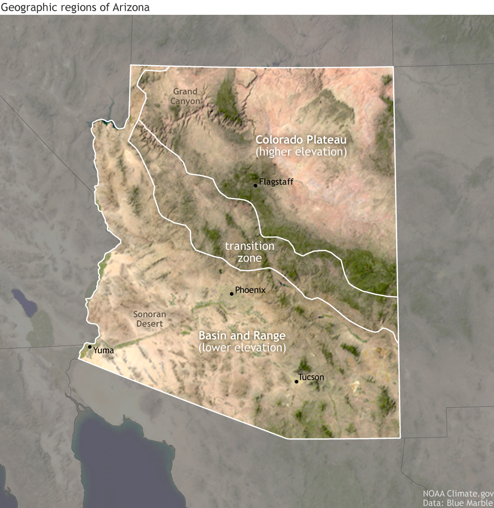 satellite image of Arizona showing geographic and ecosystem regions 