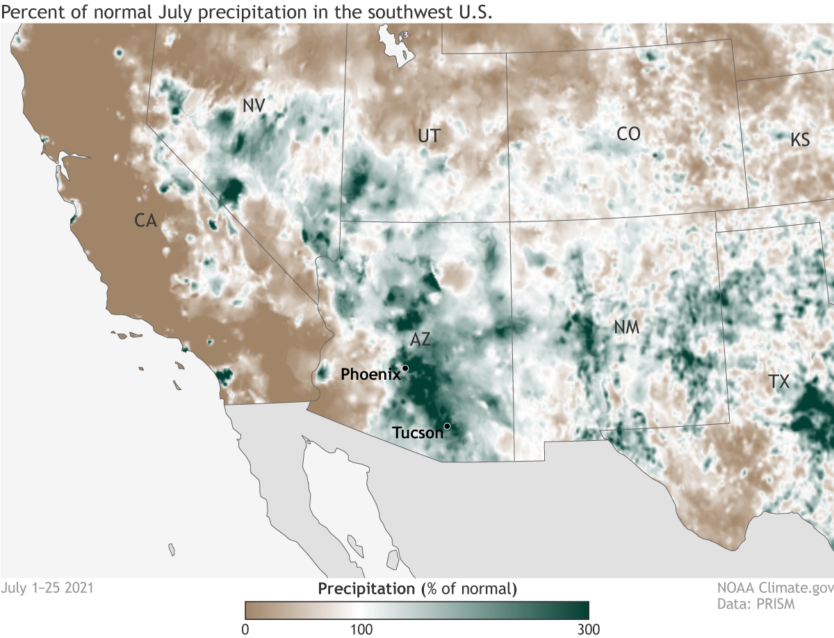 Map of percent of average precipitation across U.S. Southwest in July 2021