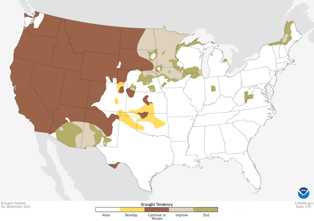 Map of contiguous U.S. showing drought forecast for September 2021