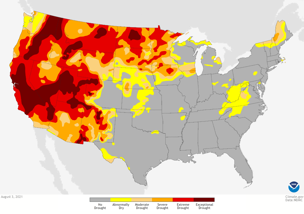 Map of drought conditions across U.S. as of AUgust 3, 2021
