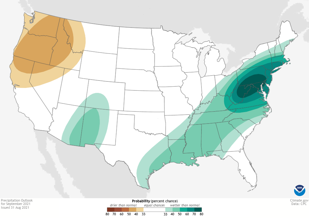 Map of contiguous United States showing precipitation outlook for September 2021