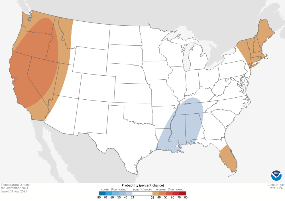 Map of contiguous United States showing the temperature outlook for September 2021