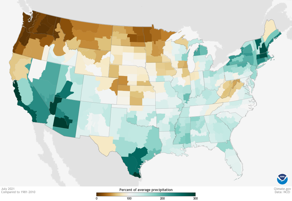 Map of July 2021 precipitation anomalies in the US