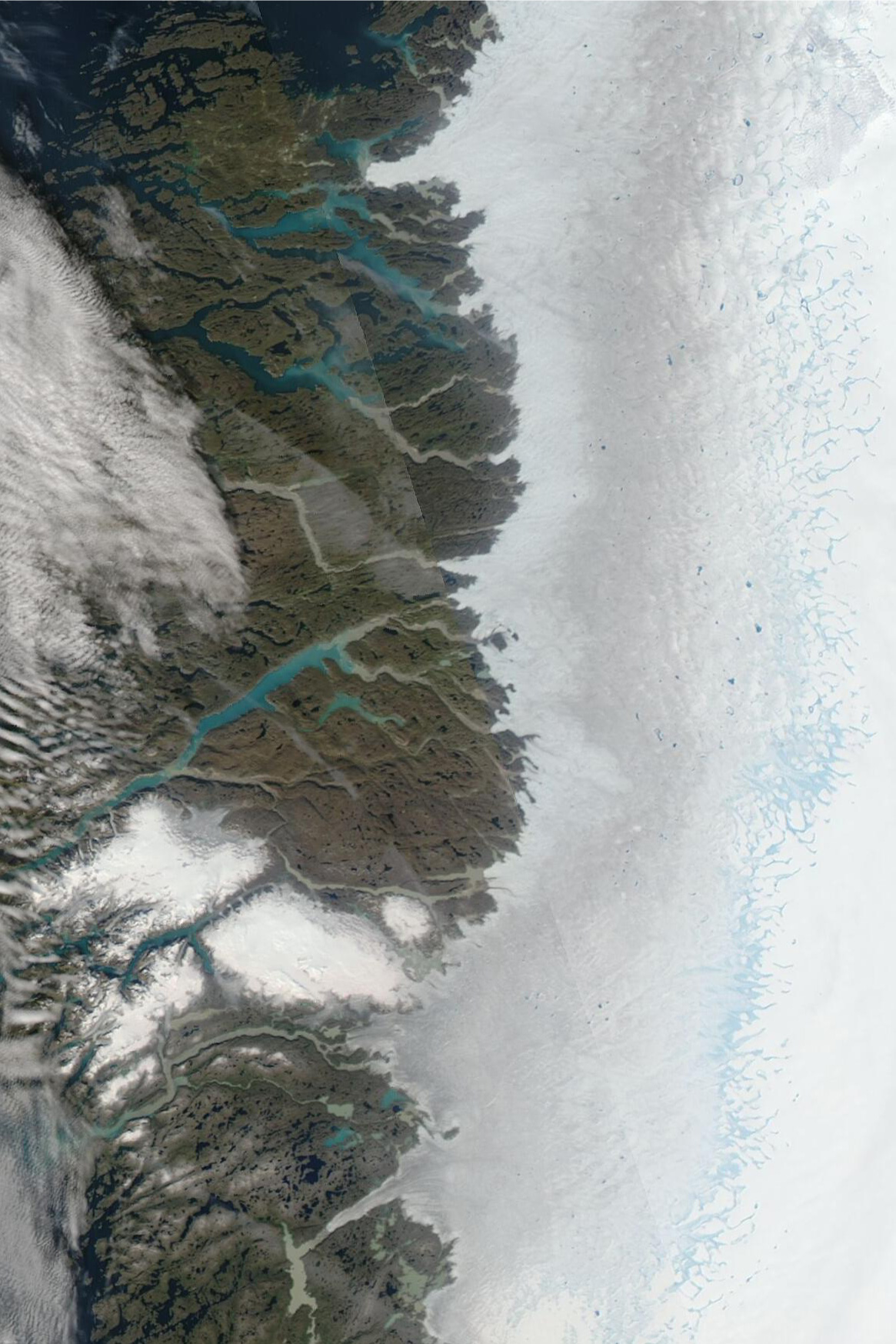 Satellite image of Greenland Ice Sheet showing melt ponds and streams