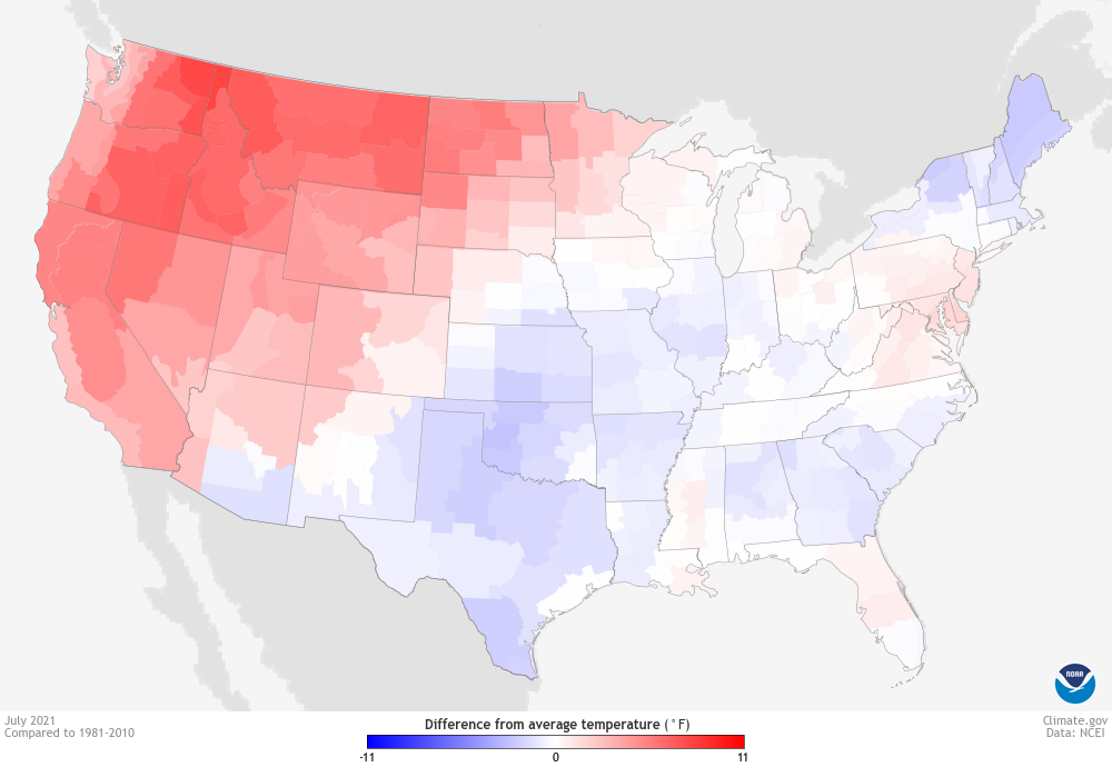Map of July 2021 temperature anomalies in the US