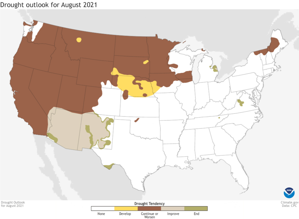 US map of drought oulook for August 2021