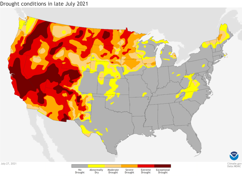 Map of US drought conditions as of July 27, 2021