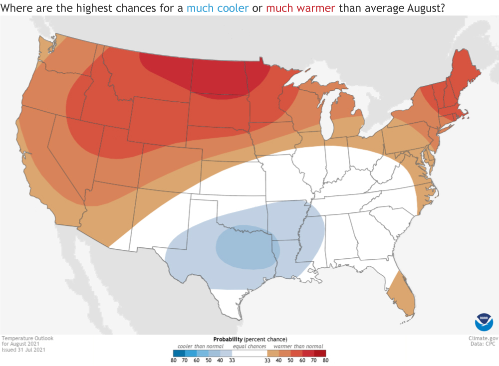 Map of U.S. temperature forecast for August 2021
