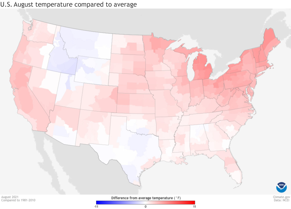 Map of August 2021 temperature anomaly for the contiguous United States