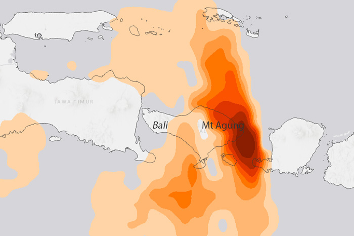 Satellite data map of sulfur dioxide from Mt. Agung