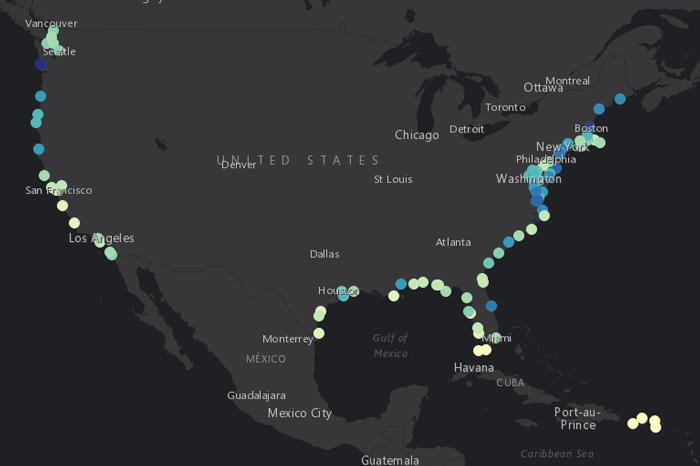 Map of US showing number of projected excess high-tide flooding days in 2018