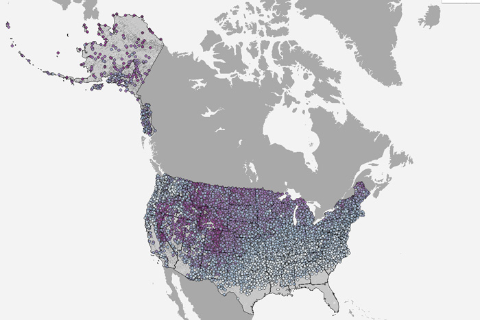 Map of latest observed date of snow for thousands of U.S. weather stations
