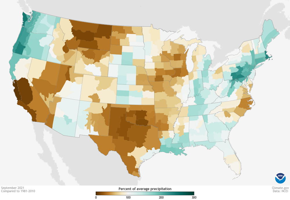 Map of U.S. percent of normal precipitation in September 2021