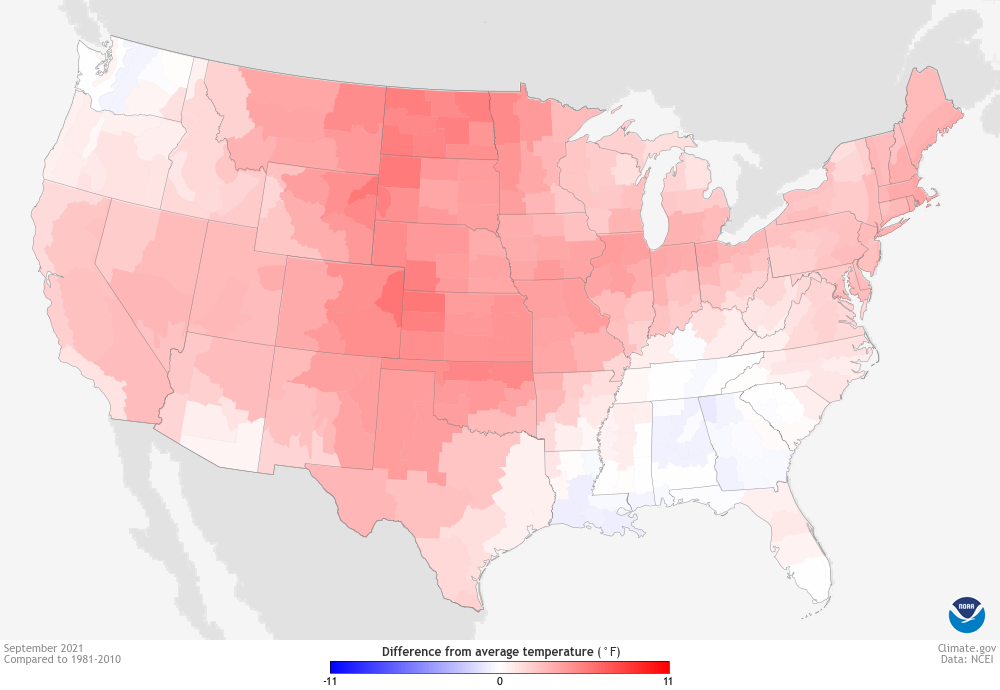 Map of U.S. temperature anomalies in September 2021
