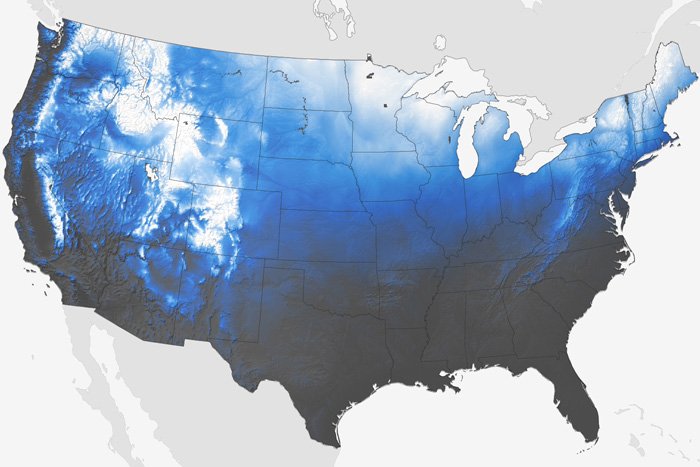 Map of US showing historical chances (1981-2010) of snow on Christmas