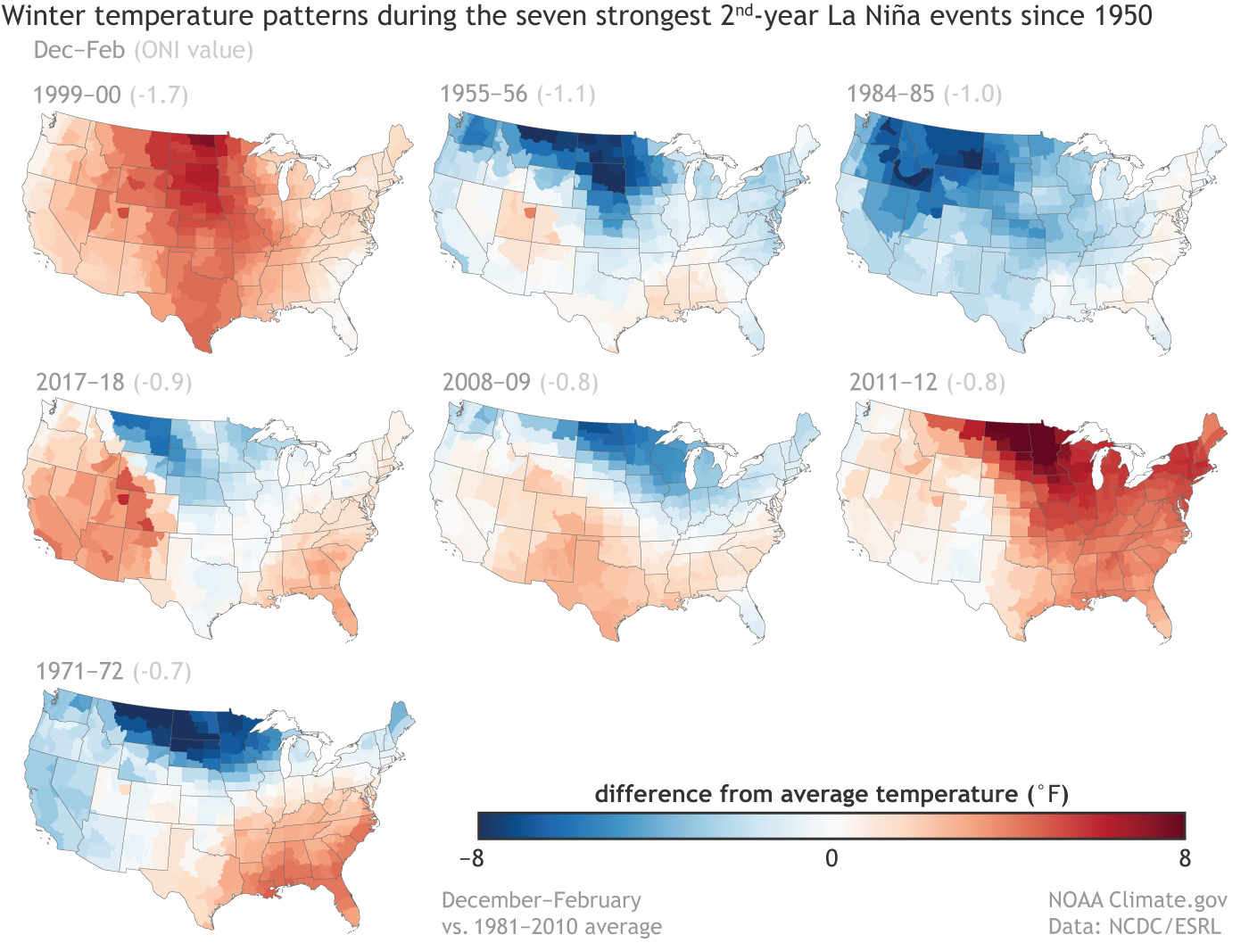 Seven small US maps showing temperature patterns during second consecutive winters with La Niña