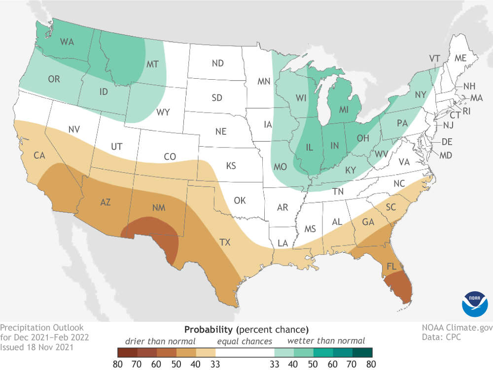 Map of US winter 2021-22 temperature forecast 