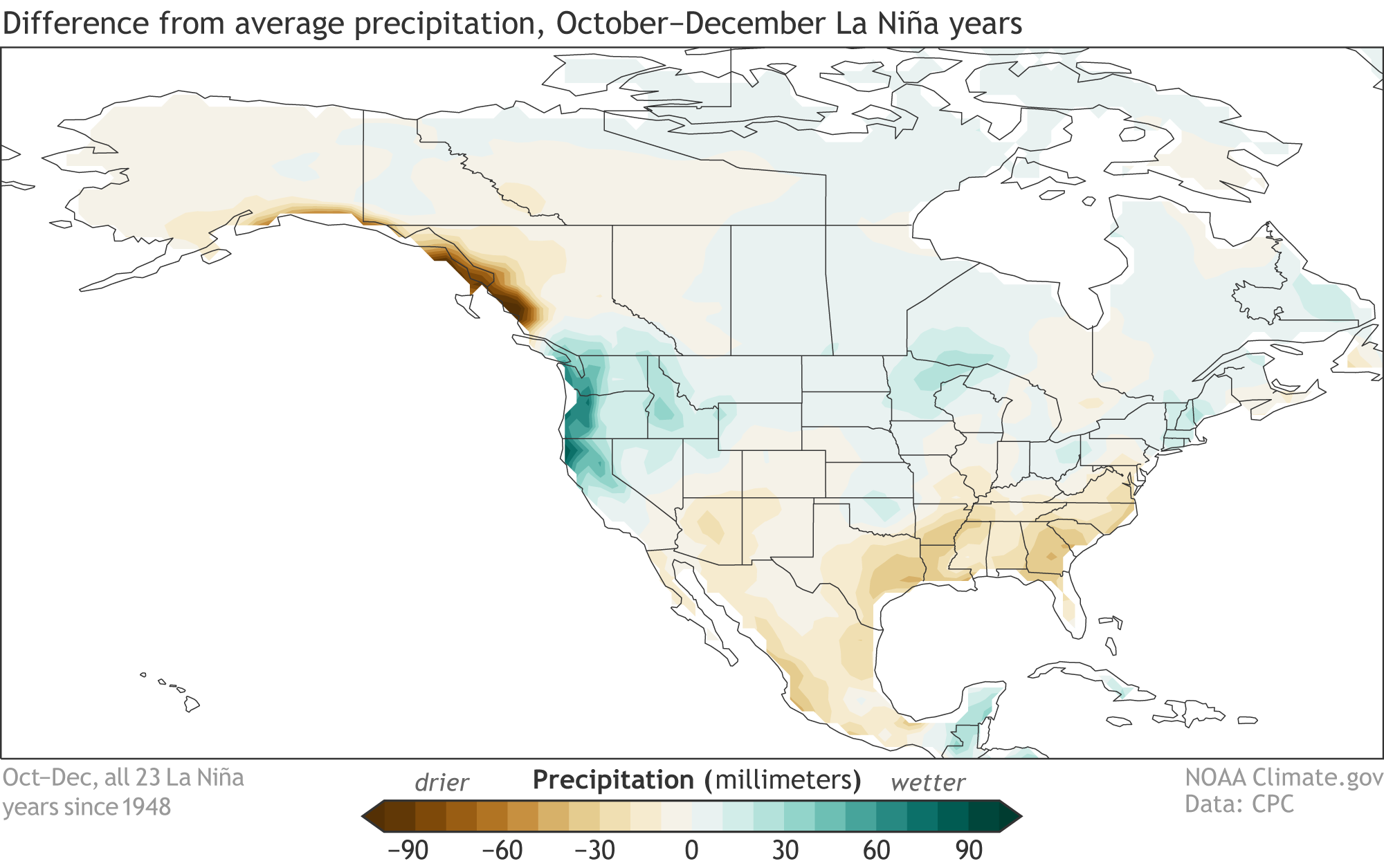 Map of October-December precipitation patterns across the United States during all historical La Nina episodes