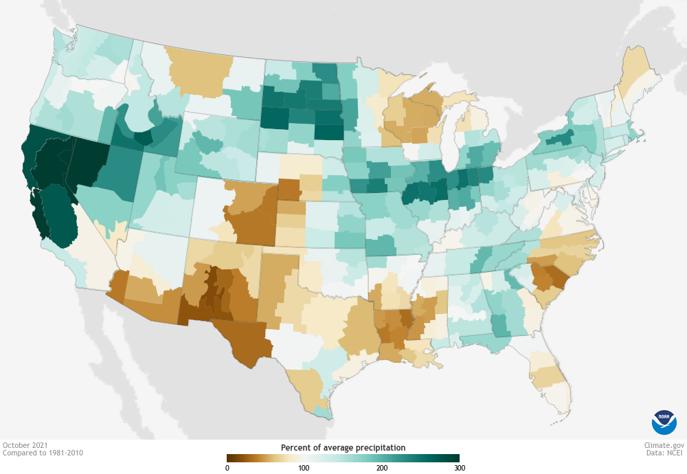 Map of U.S. October 2021 precipitation as a percent of average 