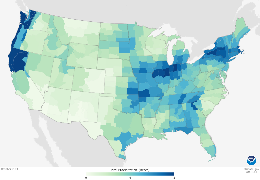 Map of precipitation across the U.S. in October 2021