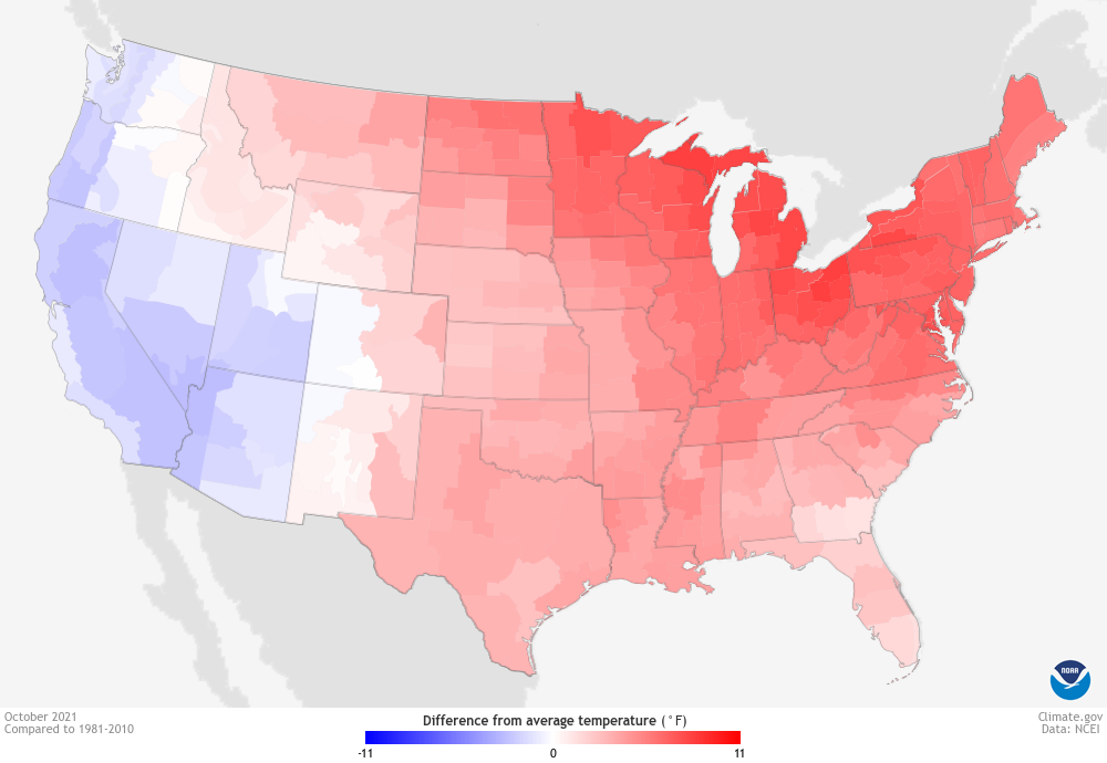 Map of U.S. temperature in October 2021 compared to average