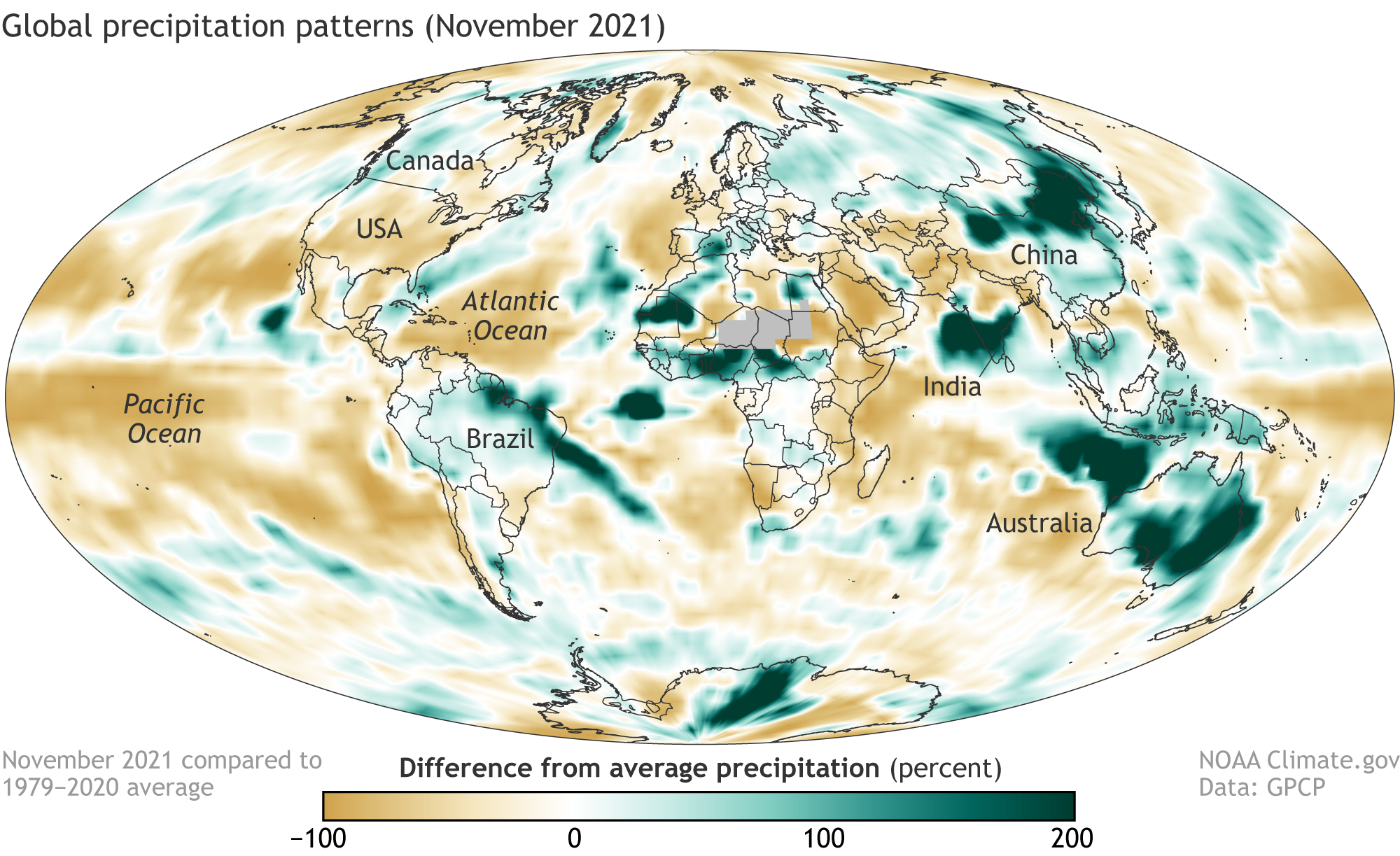 Map of percent difference from average precipitation across the globe in November 2021