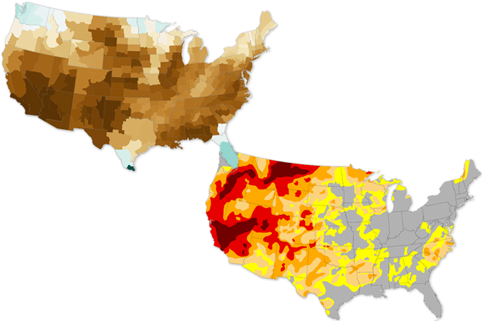 Pair of US maps shows percent of normal precipitation and drought conditions in November 2021