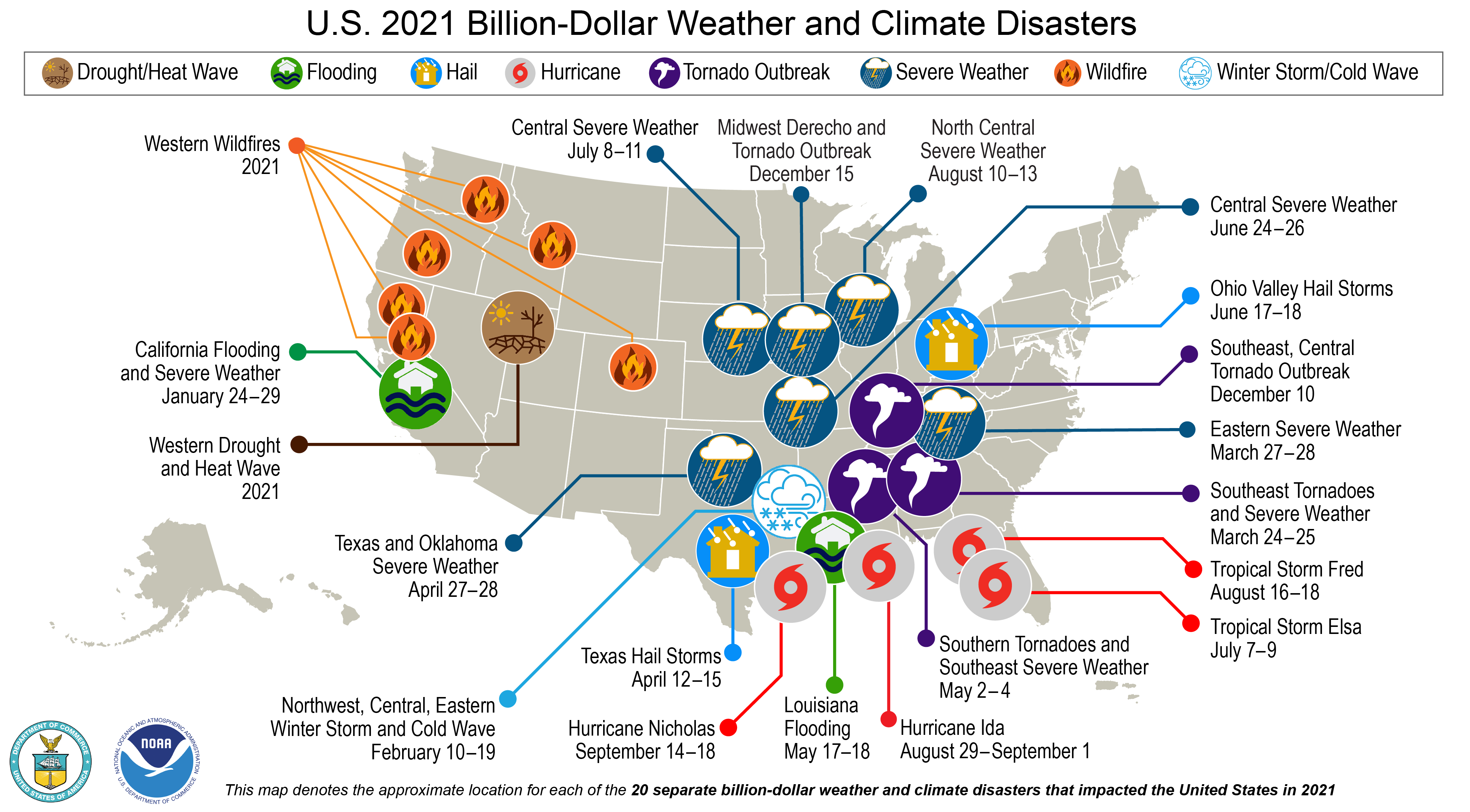 US map with icons showing 2021 billion-dollar disasters