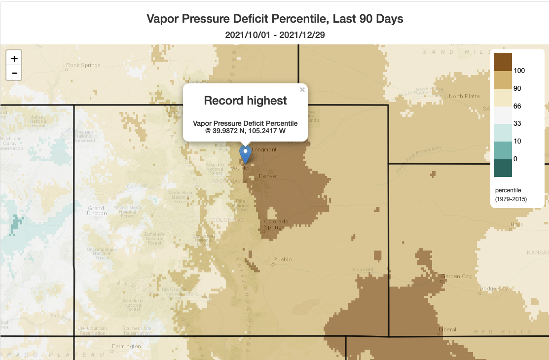 Map of Oct-Dec 2021 vapor pressure deficit percentiles in Colorado