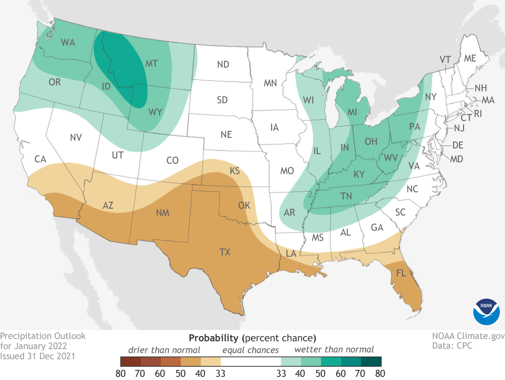Map of U.S. precipitation outlook for January 2022