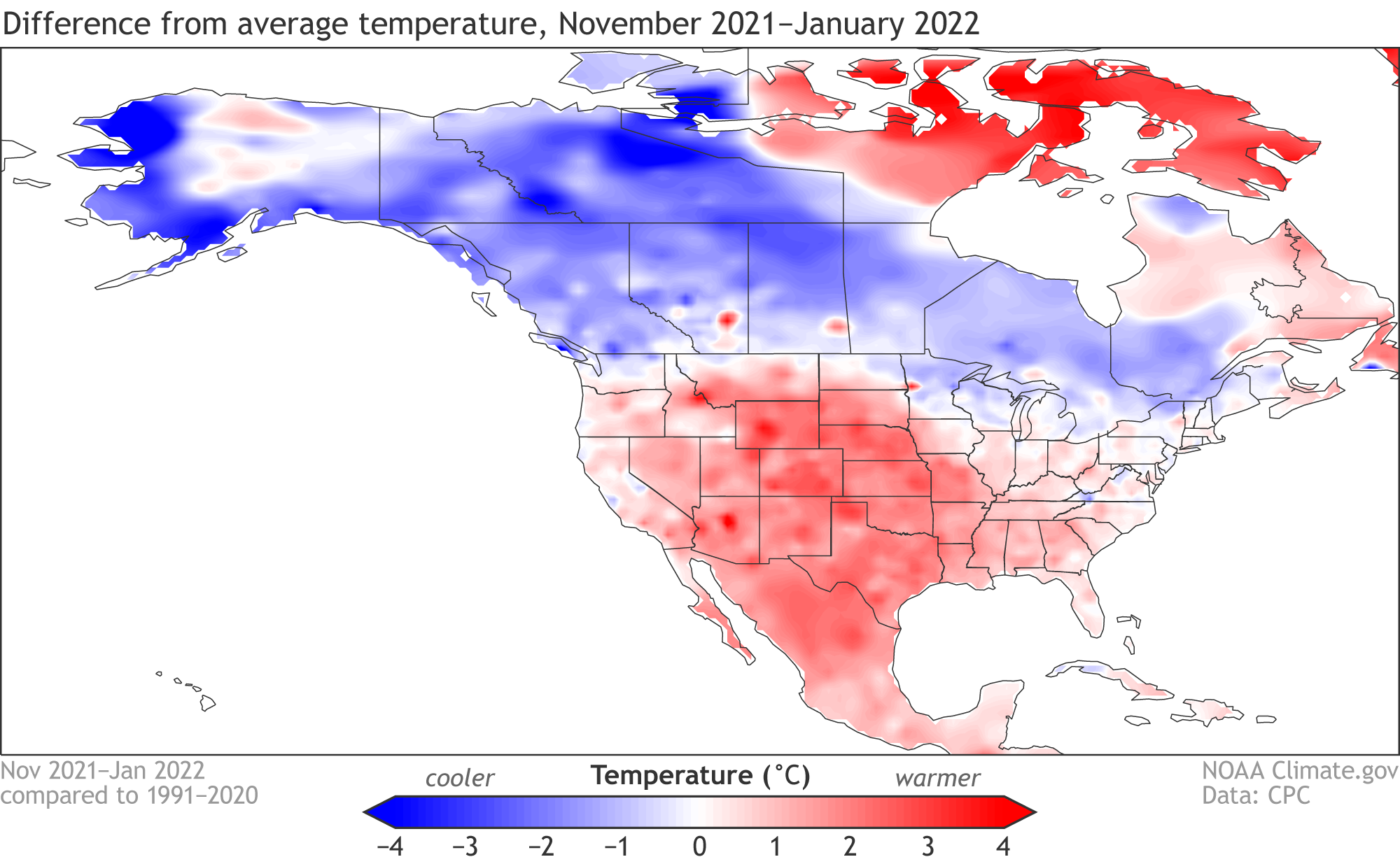 Map of temperature across North America for November 2021-January 2022
