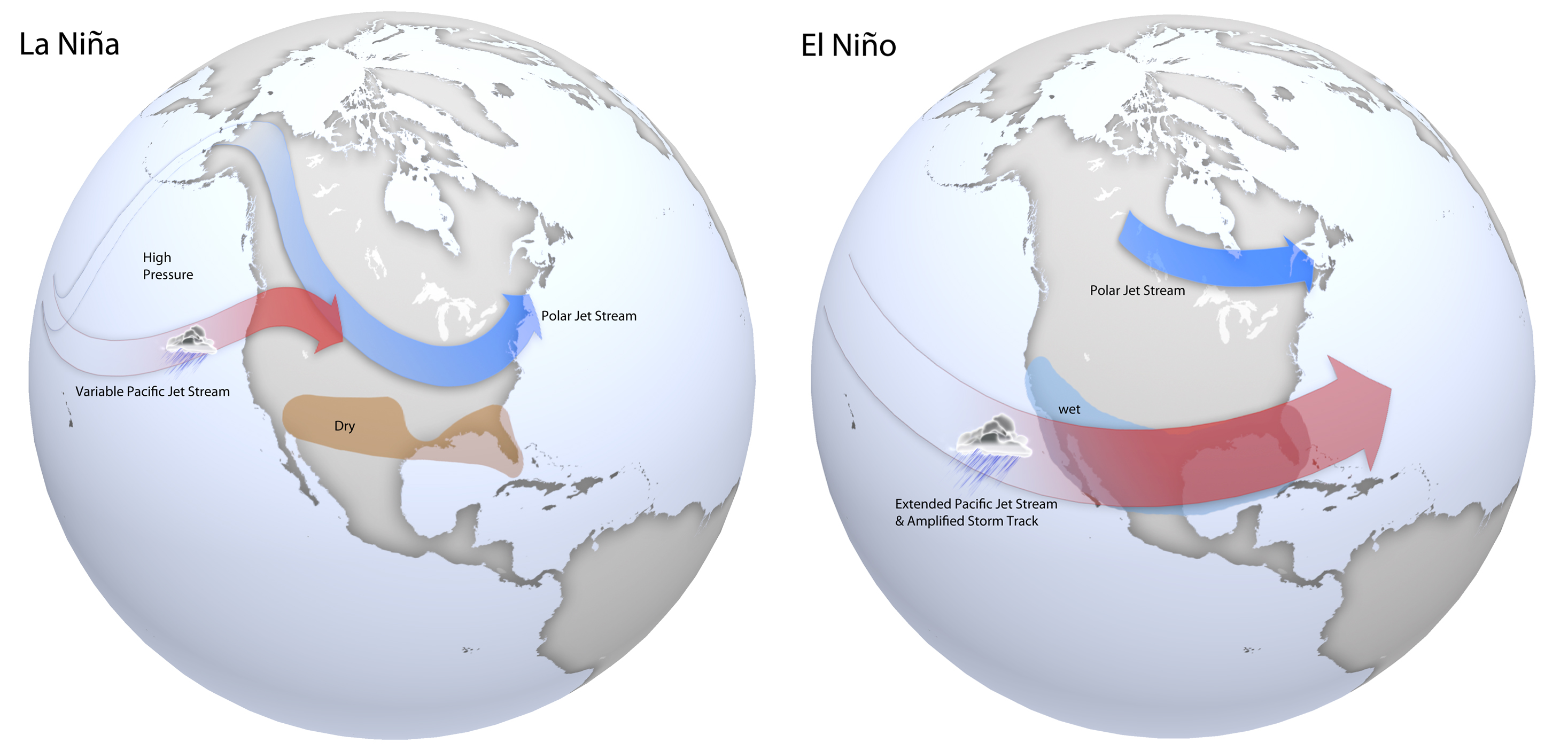 Maps jet stream location LaNina ElNino