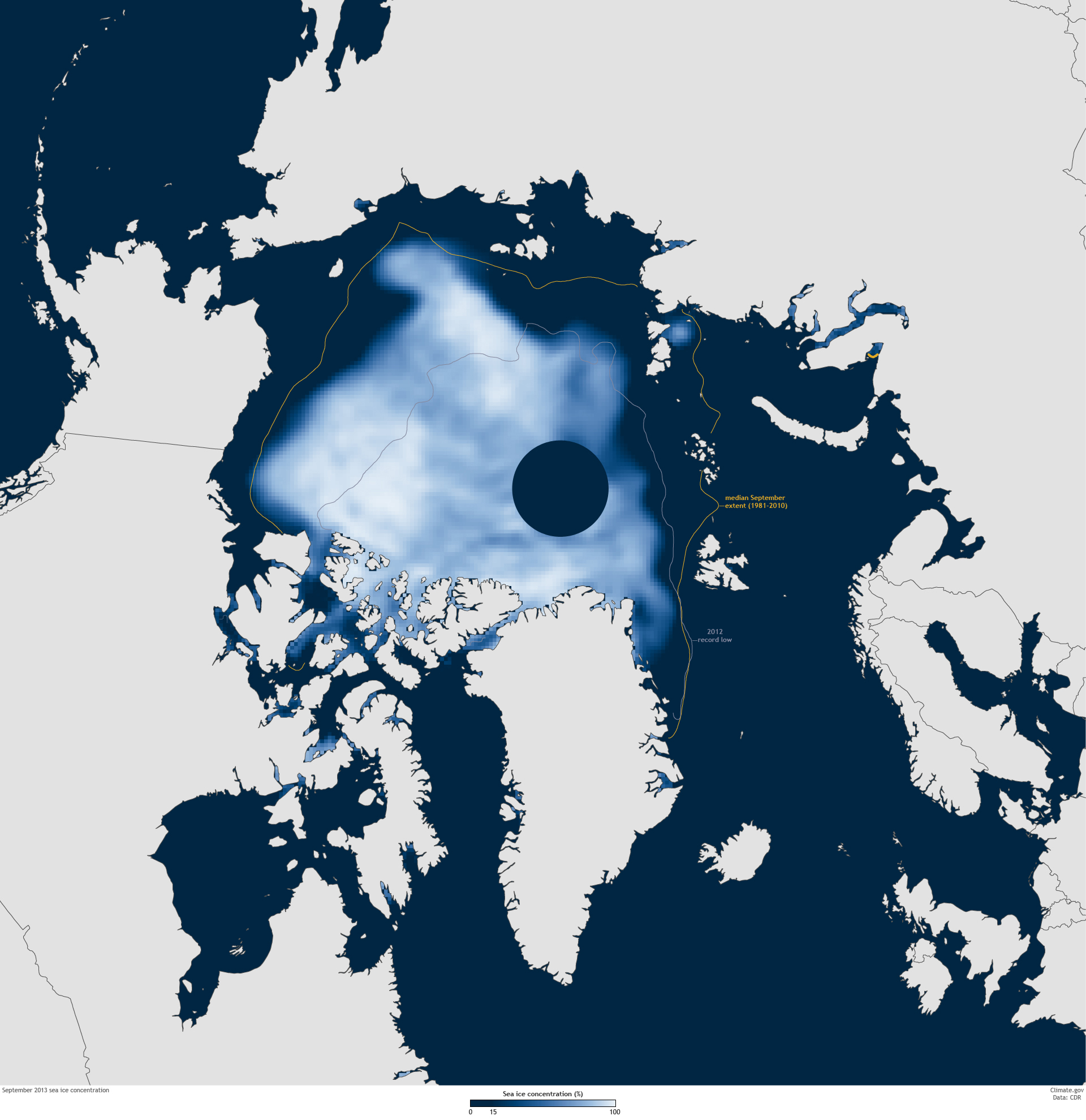 Map of sea ice concentration in September 2013 compared to the median extent from 1981-2010 and the 2012 record low.