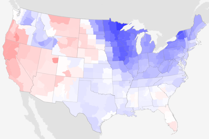 Map of U.S. temperature anomaly in January 2022