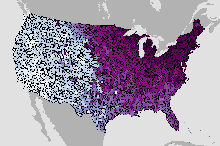 Map of coldest day at thousands of U.S. locations from 1991-2020