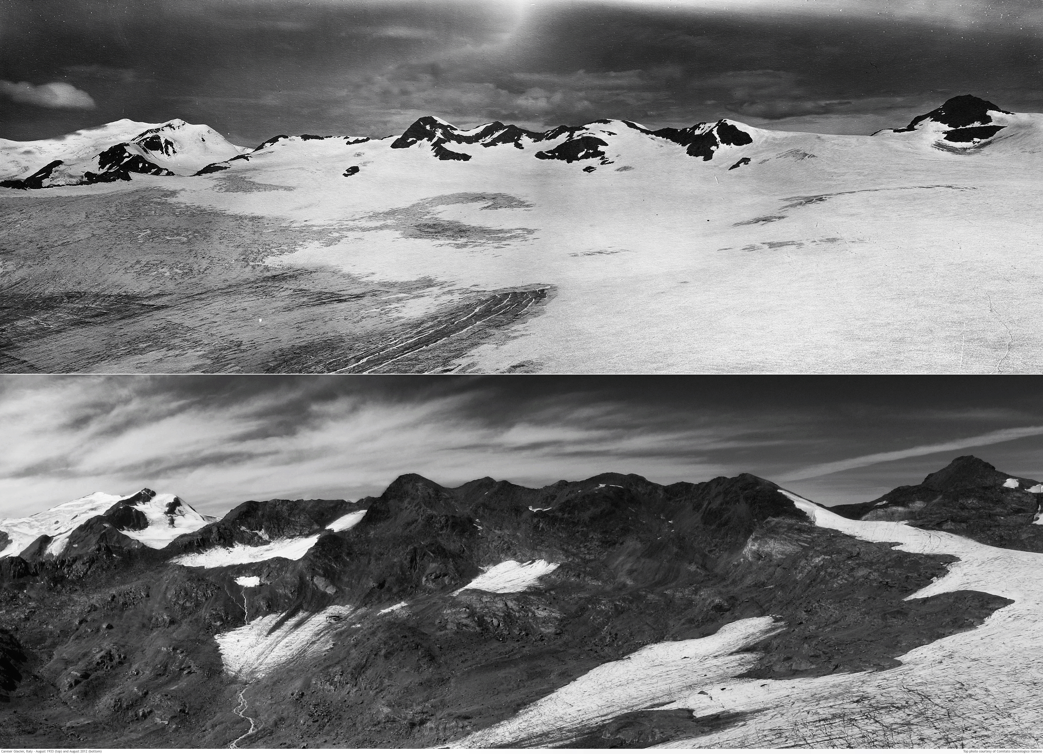Photos documenting the disintegration of Italy’s Careser Glacier between 1933 (top) and 2012 (bottom).